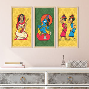 Lord Krishna Life Artistic Art Wall Frame Set of Three