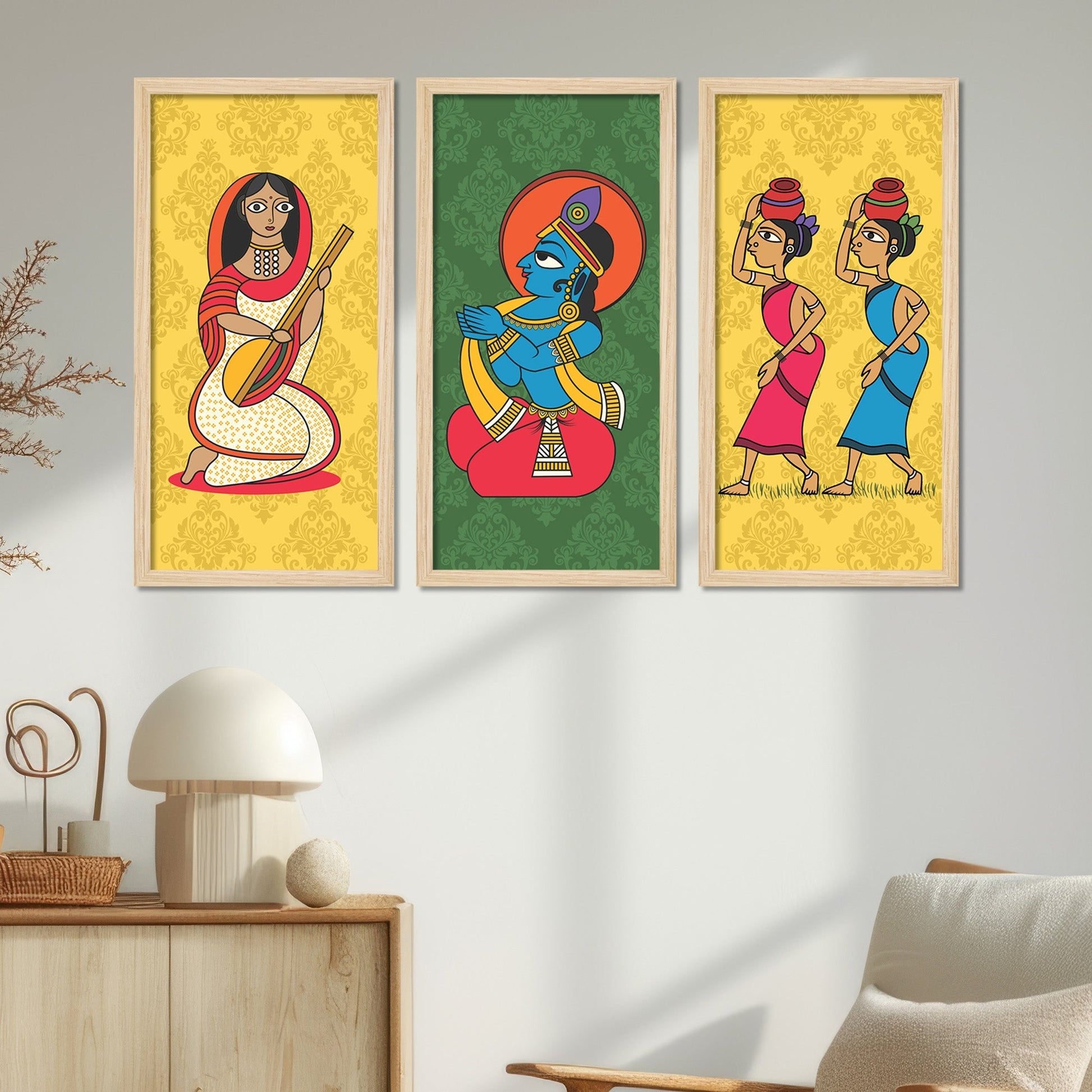 Lord Krishna Life Artistic Art Wall Frame Set of Three