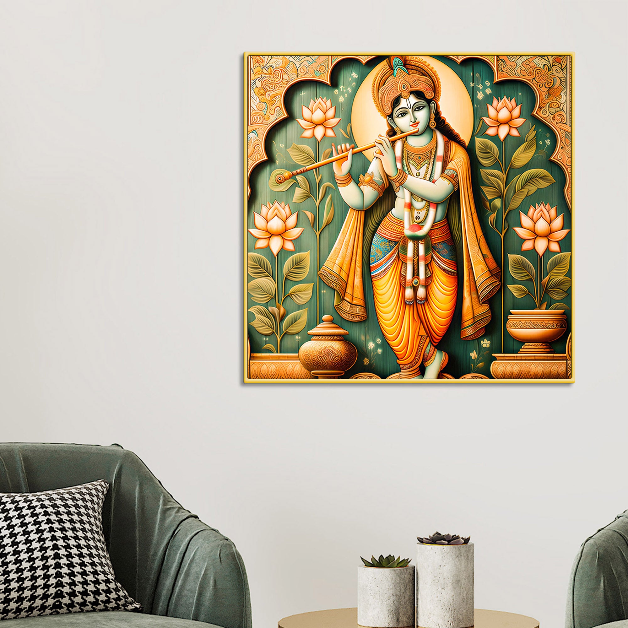 Lord Krishna Murli Manohar Lotus Harmony Spiritual Canvas Wall Painting for Home & Office