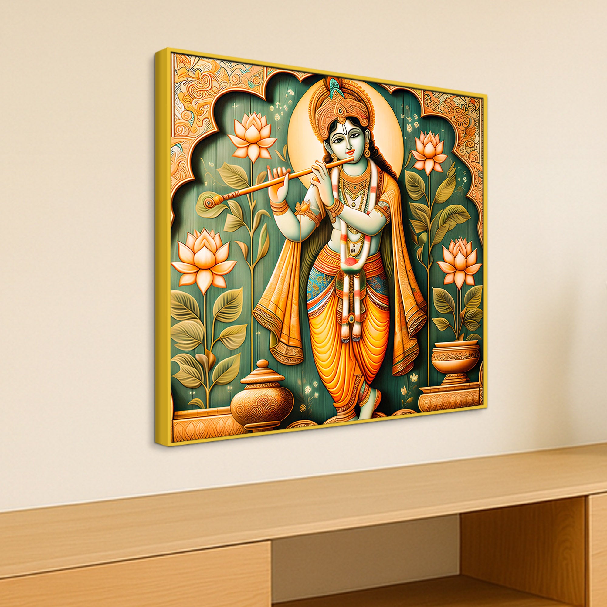 Lord Krishna Murli Manohar Lotus Harmony Spiritual Canvas Wall Painting for Home & Office