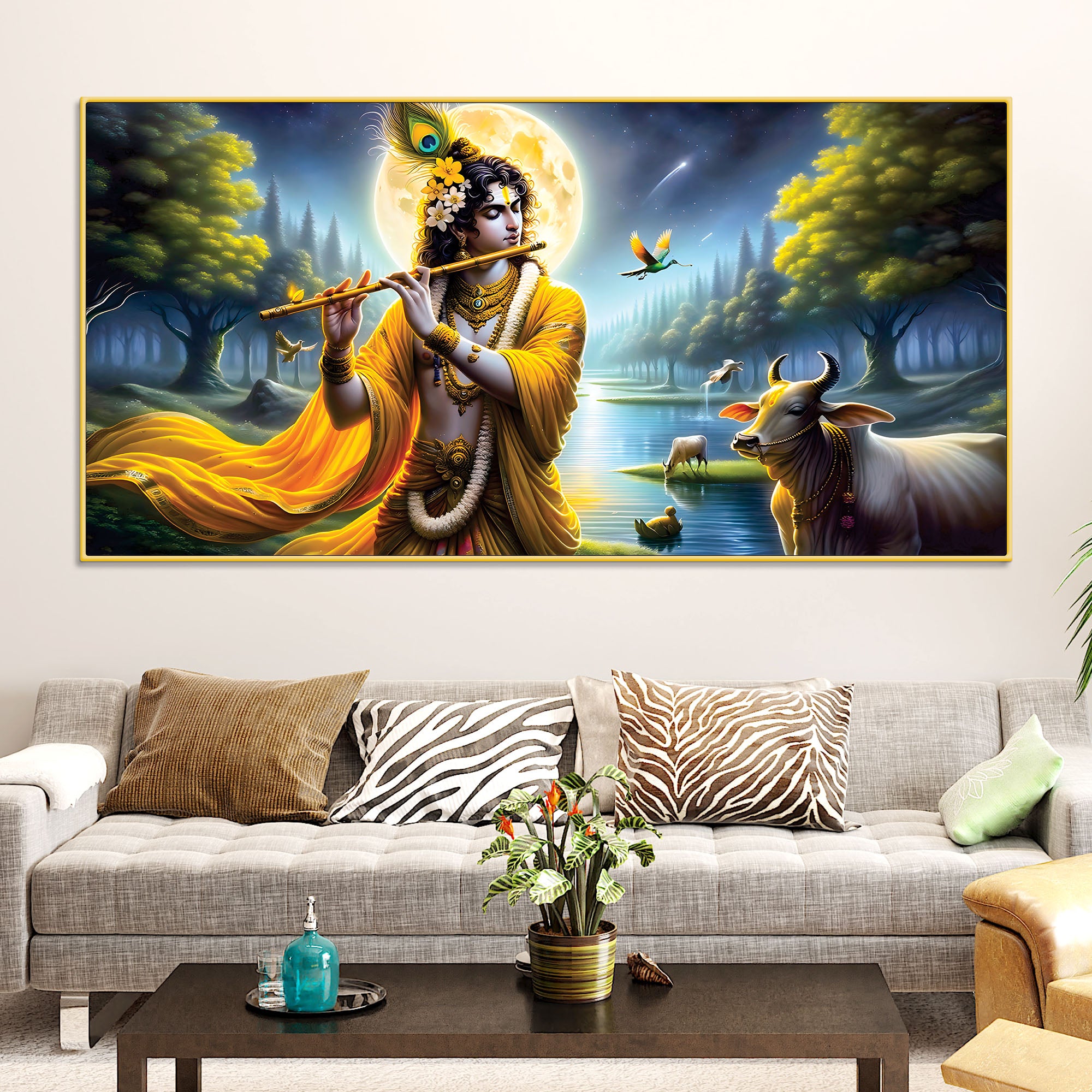 Lord Krishna Peaceful Moonlight Spiritual Painting