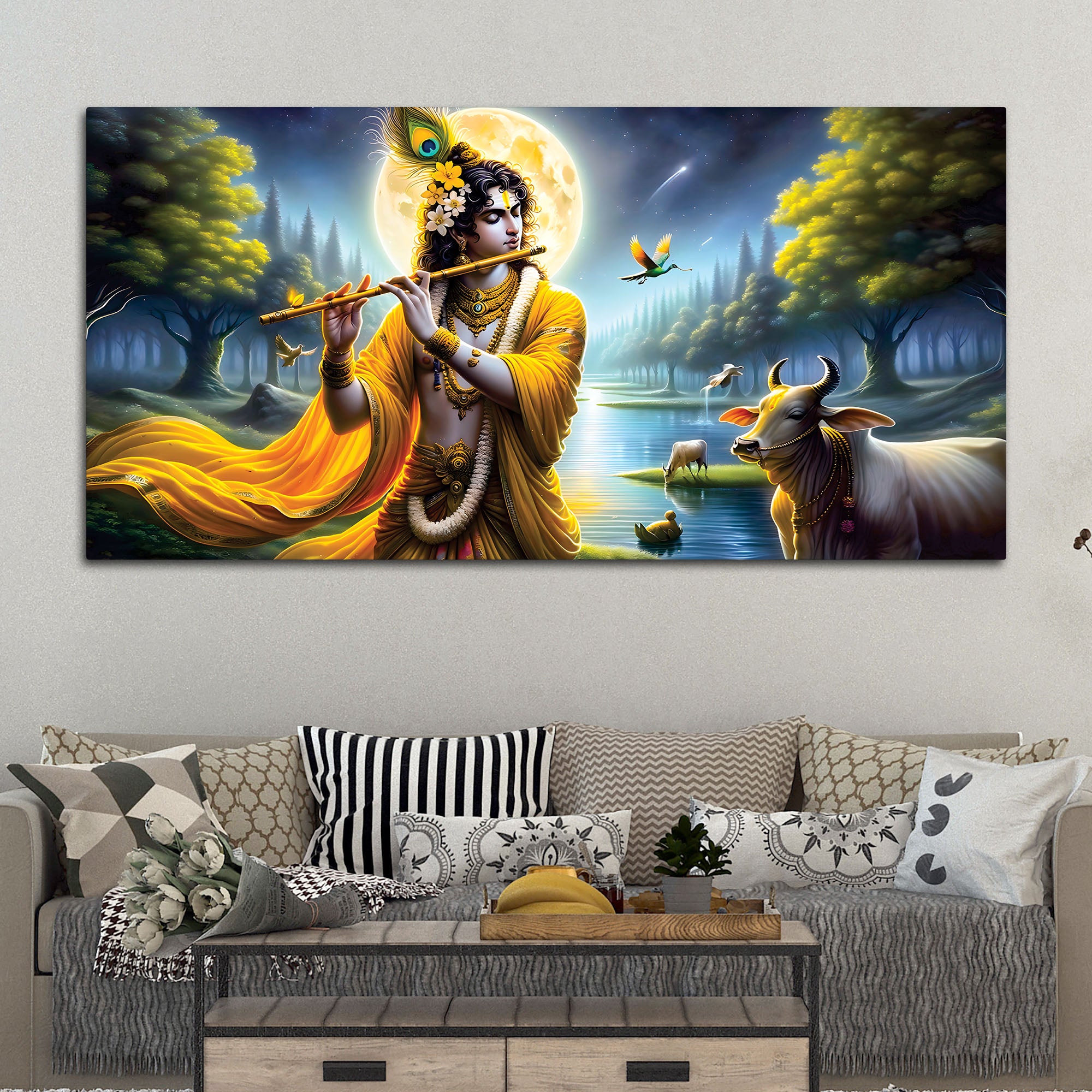 Lord Krishna Peaceful Moonlight Spiritual Painting