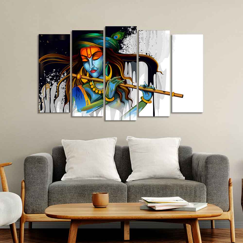 Lord Krishna Playing Flute 5 Pieces Canvas Wall Painting