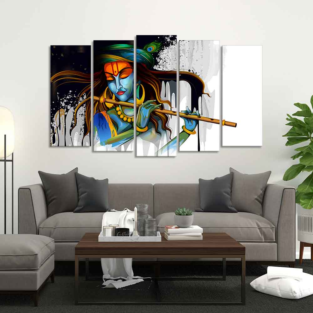 Lord Krishna Playing Flute 5 Pieces Canvas Wall Painting