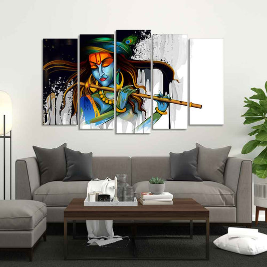 Lord Krishna Playing Flute 5 Pieces Canvas Wall Painting