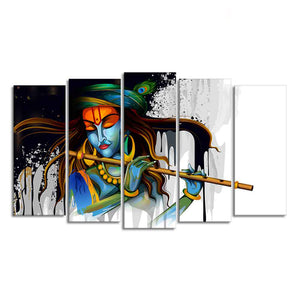 Lord Krishna Playing Flute 5 Pieces Canvas Wall Painting