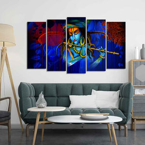 Lord Krishna Playing Flute 5 Pieces Wall Painting