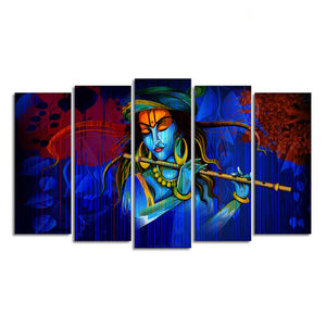 Lord Krishna Playing Flute 5 Pieces Wall Painting