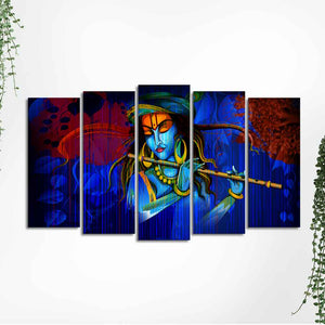 Lord Krishna Playing Flute 5 Pieces Wall Painting