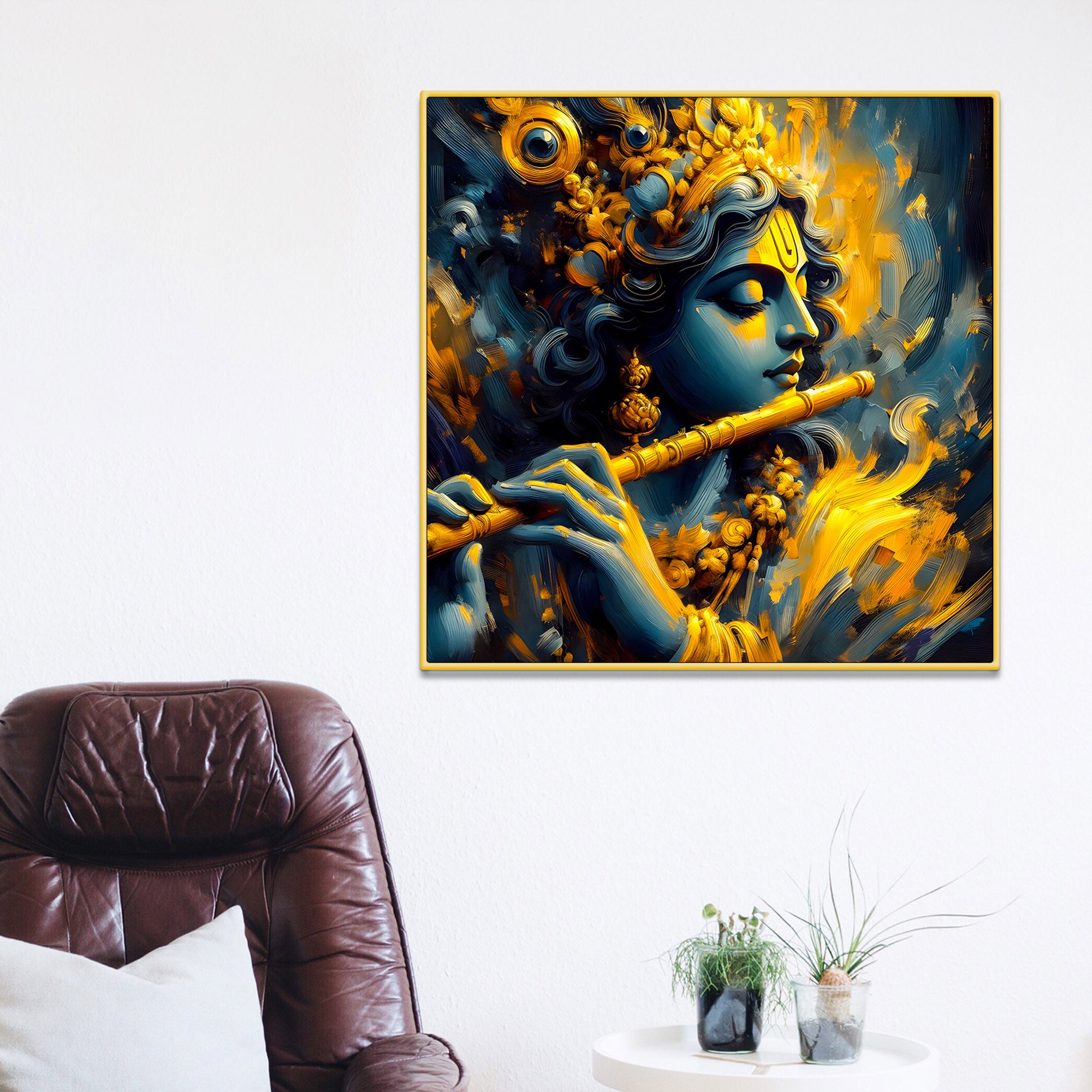 Lord Krishna Playing Flute Canvas Wall Painting for Elegant Home Decor