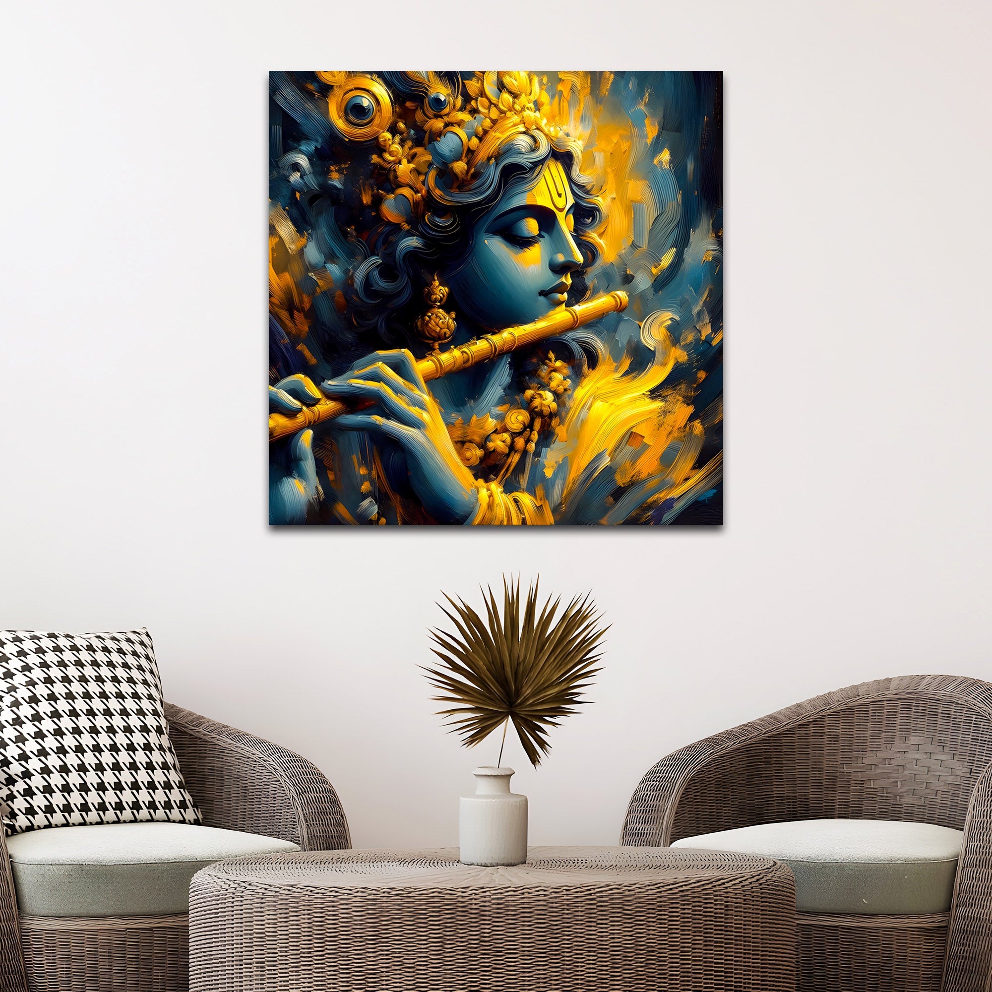 Lord Krishna Playing Flute Canvas Wall Painting for Elegant Home Decor