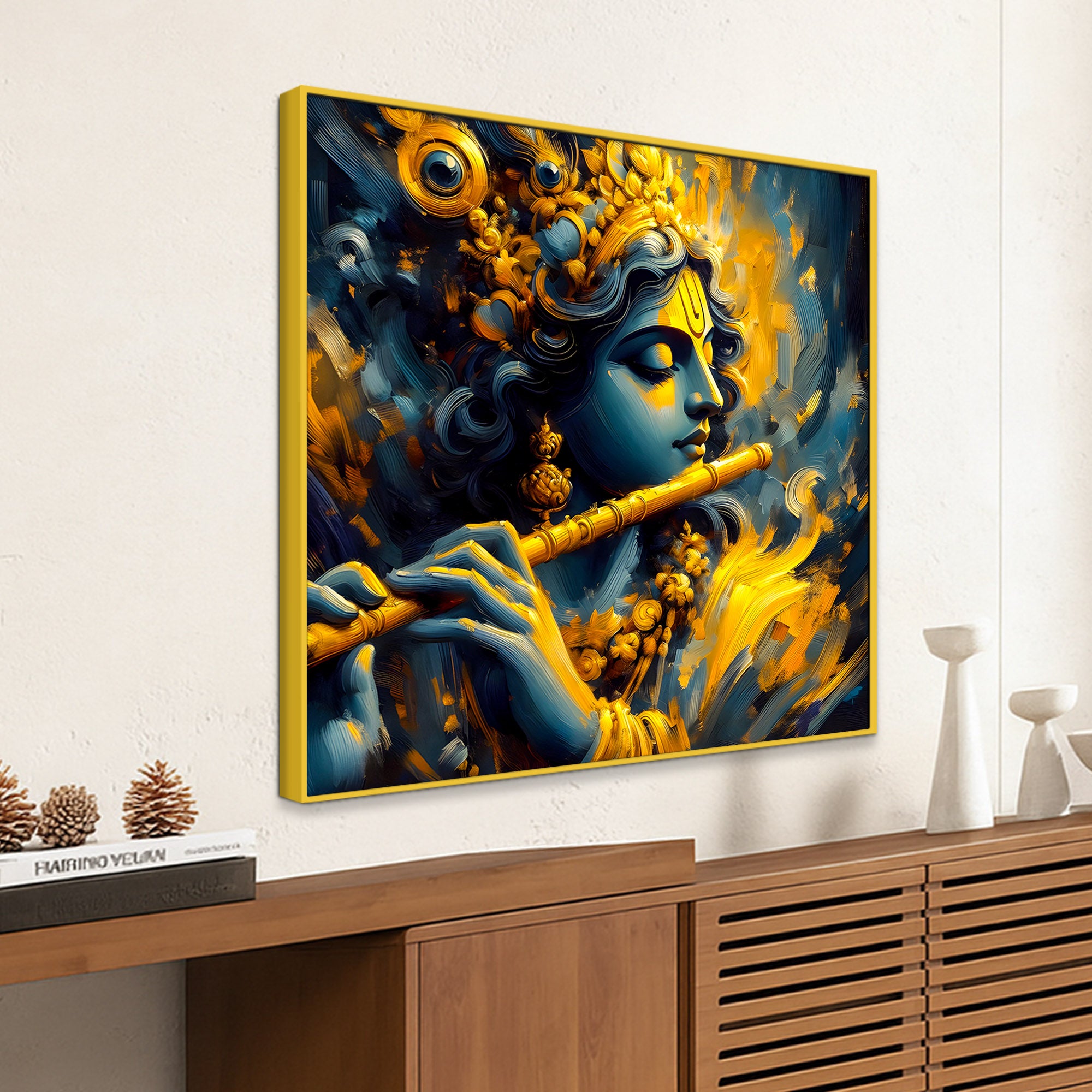 Lord Krishna Playing Flute Canvas Wall Painting for Elegant Home Decor