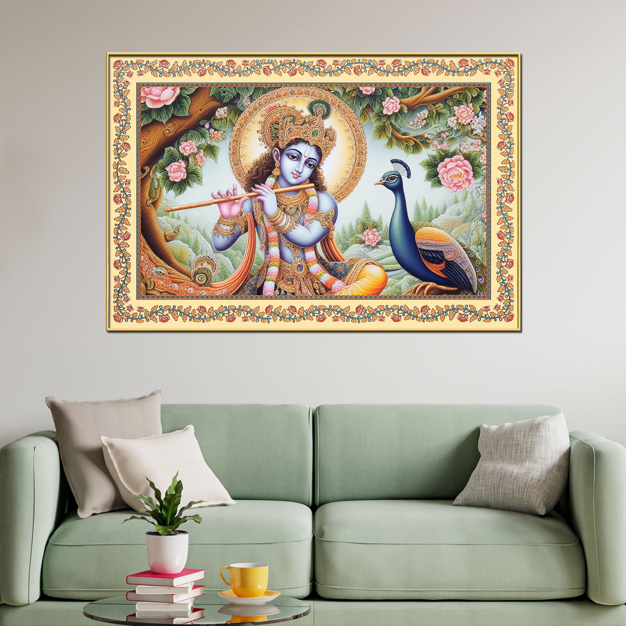 Lord Krishna Playing Flute Floral Border Canvas Wall Painting