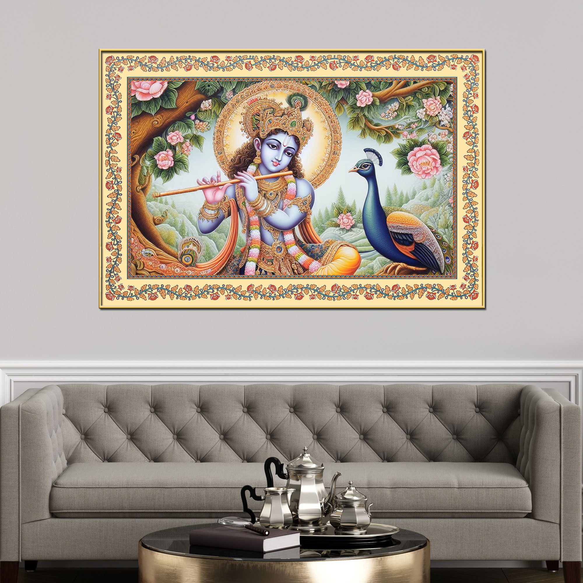 Lord Krishna Playing Flute Floral Border Canvas Wall Painting