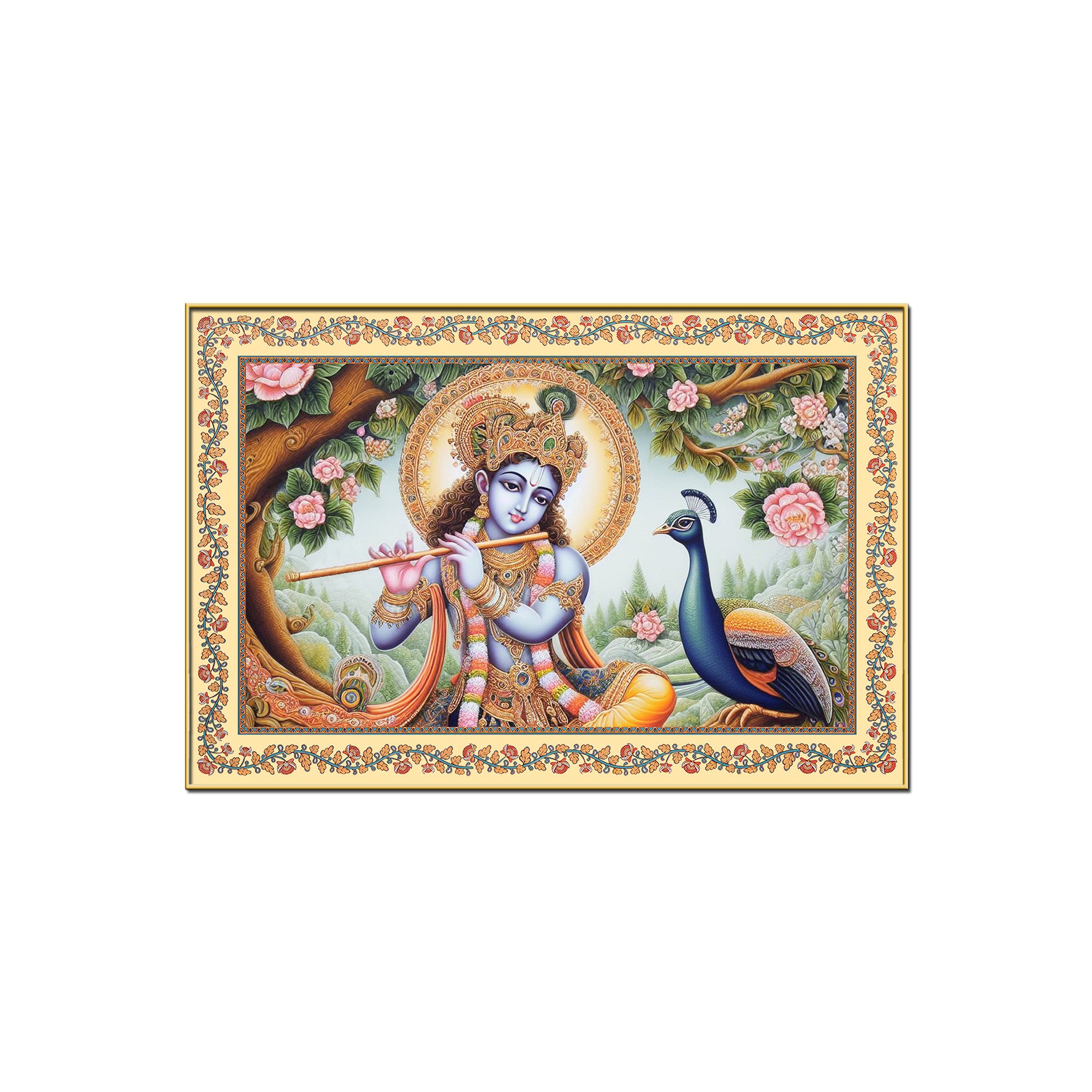 Lord Krishna Playing Flute Floral Border Canvas Wall Painting
