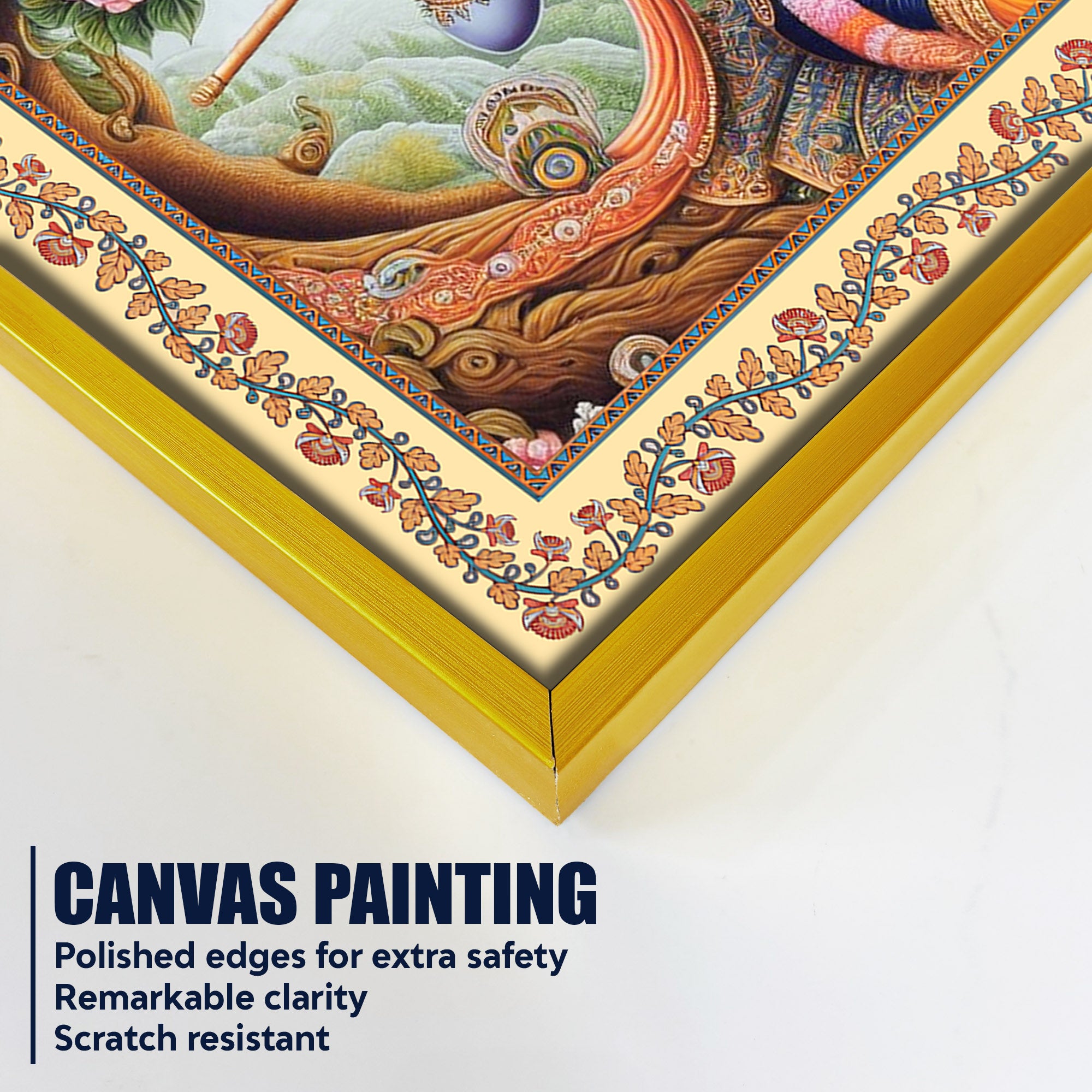 Lord Krishna Playing Flute Floral Border Canvas Wall Painting