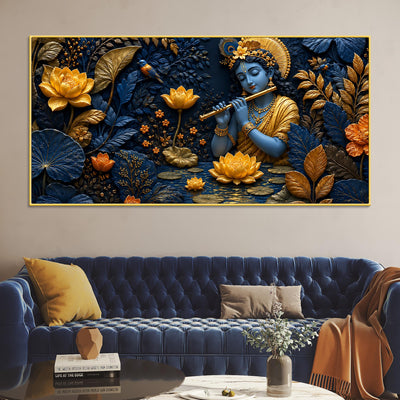 Lord Krishna Playing Flute in Lotus Garden 3D Canvas Wall Painting