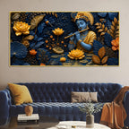 Lord Krishna Playing Flute in Lotus Garden 3D Canvas Wall Painting