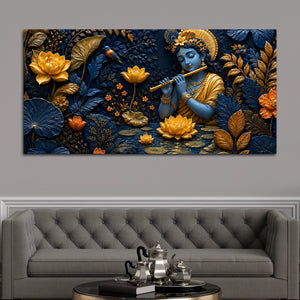Lord Krishna Playing Flute in Lotus Garden 3D Canvas Wall Painting