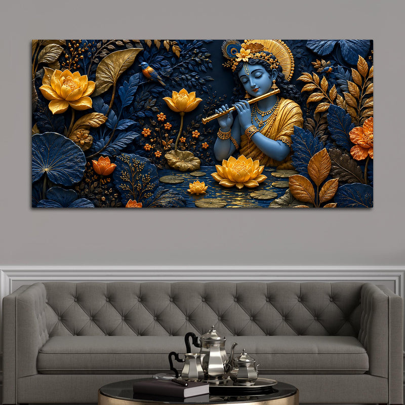 Lord Krishna Playing Flute in Lotus Garden 3D Canvas Wall Painting