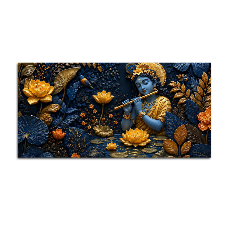 Lord Krishna Playing Flute in Lotus Garden 3D Canvas Wall Painting