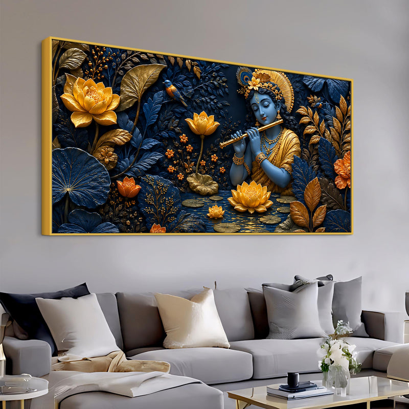 Lord Krishna Playing Flute in Lotus Garden 3D Canvas Wall Painting