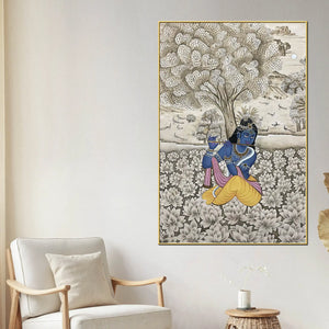 Lord Krishna Playing Flute In Lotus Garden Pichwai Style Canvas Wall Painting