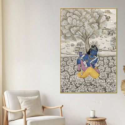 Lord Krishna Playing Flute In Lotus Garden Pichwai Style Canvas Wall Painting
