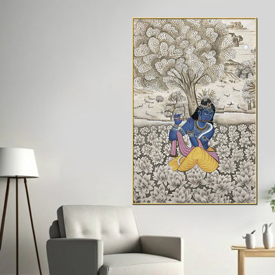 lord-krishna-playing-flute-in-lotus-garden-pichwai-style-canvas-wall-painting