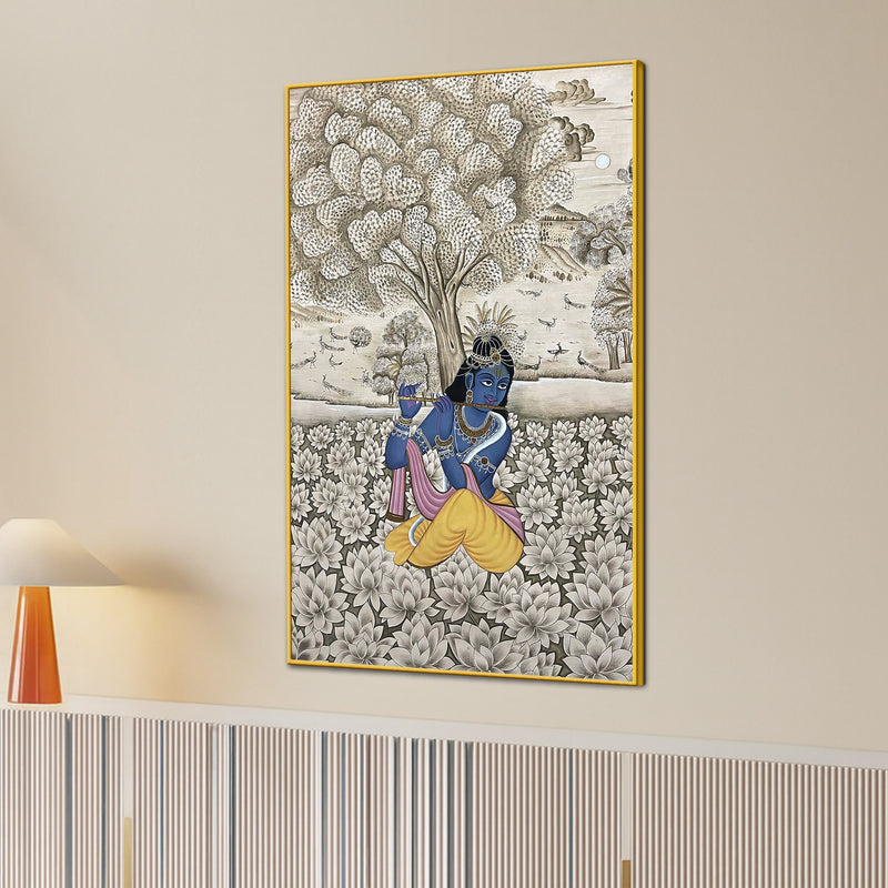 Lord Krishna Playing Flute In Lotus Garden Pichwai Style Canvas Wall Painting
