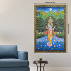 Lord Krishna Playing Flute in Lotus Pond with Peacock Pichwai Canvas Wall Painting