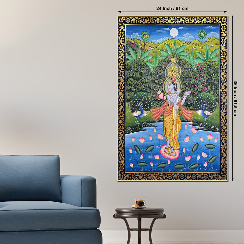 Lord Krishna Playing Flute in Lotus Pond with Peacock Pichwai Canvas Wall Painting