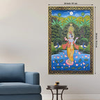 Lord Krishna Playing Flute in Lotus Pond with Peacock Pichwai Canvas Wall Painting