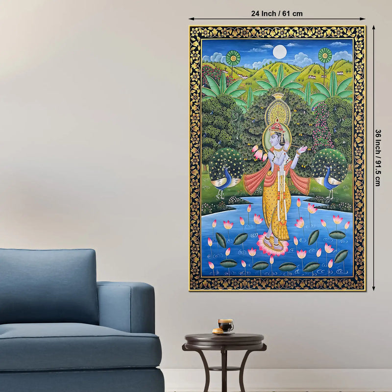 Lord Krishna Playing Flute in Lotus Pond with Peacock Pichwai Canvas Wall Painting