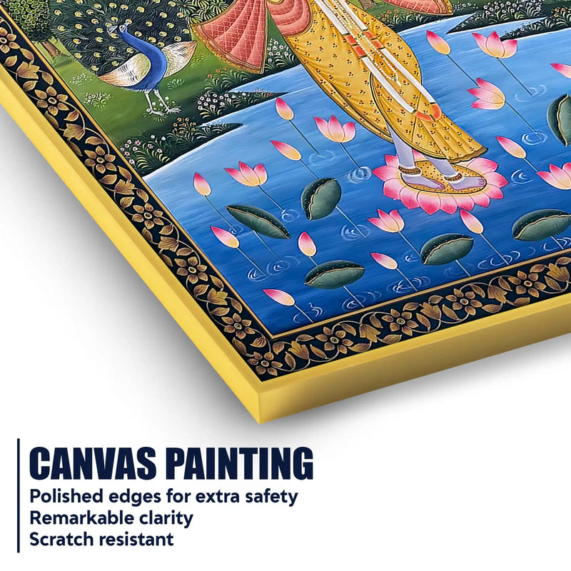 Lord Krishna Playing Flute in Lotus Pond with Peacock Pichwai Canvas Wall Painting