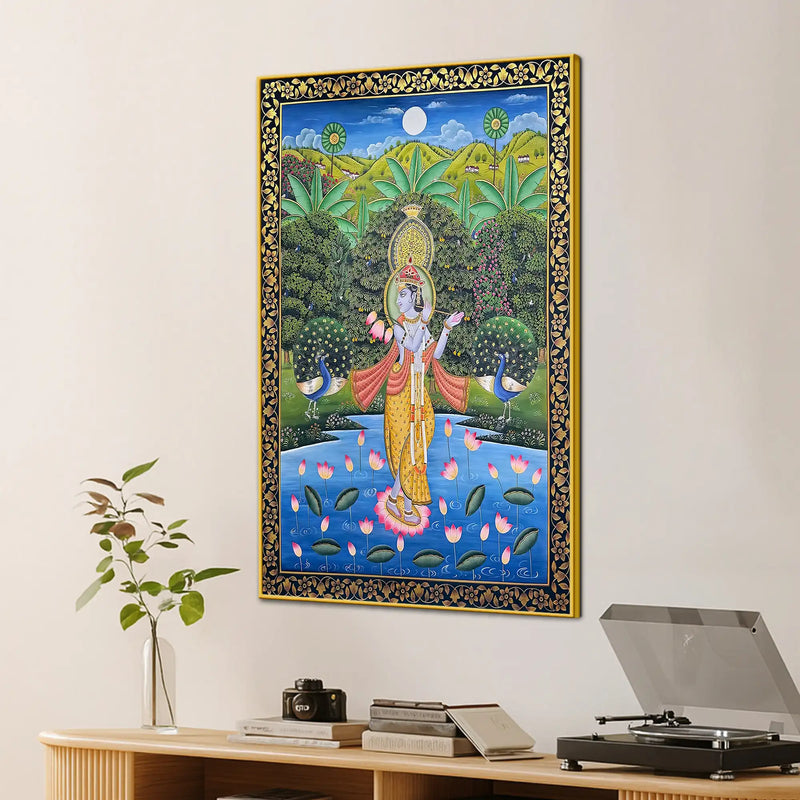 Lord Krishna Playing Flute in Lotus Pond with Peacock Pichwai Canvas Wall Painting