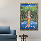 Lord Krishna Playing Flute in Lotus Pond with Peacock Pichwai Canvas Wall Painting