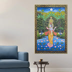 Lord Krishna Playing Flute in Lotus Pond with Peacock Pichwai Canvas Wall Painting