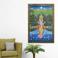 Lord Krishna Playing Flute in Lotus Pond with Peacock Pichwai Canvas Wall Painting