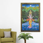 Lord Krishna Playing Flute in Lotus Pond with Peacock Pichwai Canvas Wall Painting