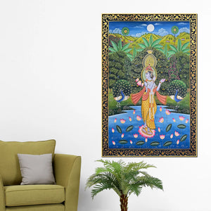 Lord Krishna Playing Flute in Lotus Pond with Peacock Pichwai Canvas Wall Painting