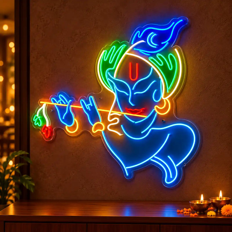 Lord Krishna Playing Flute Neon Wall Light for Home & Mandir Decoration