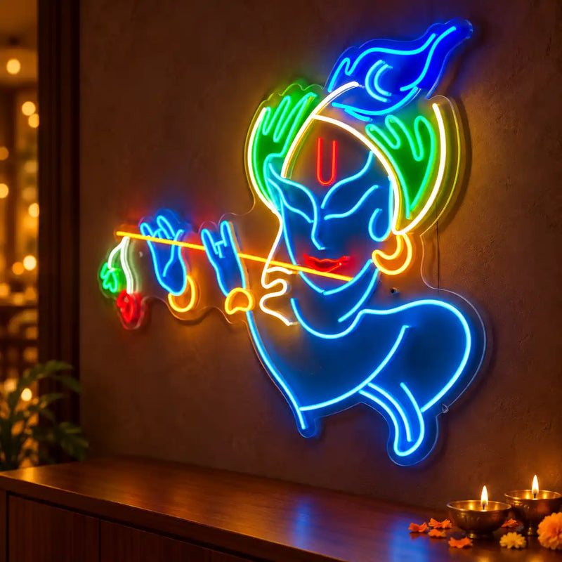 Lord Krishna Playing Flute Neon Wall Light for Home & Mandir Decoration