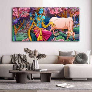 Lord Krishna Playing Flute Pink Trees in Background Canvas Wall Painting