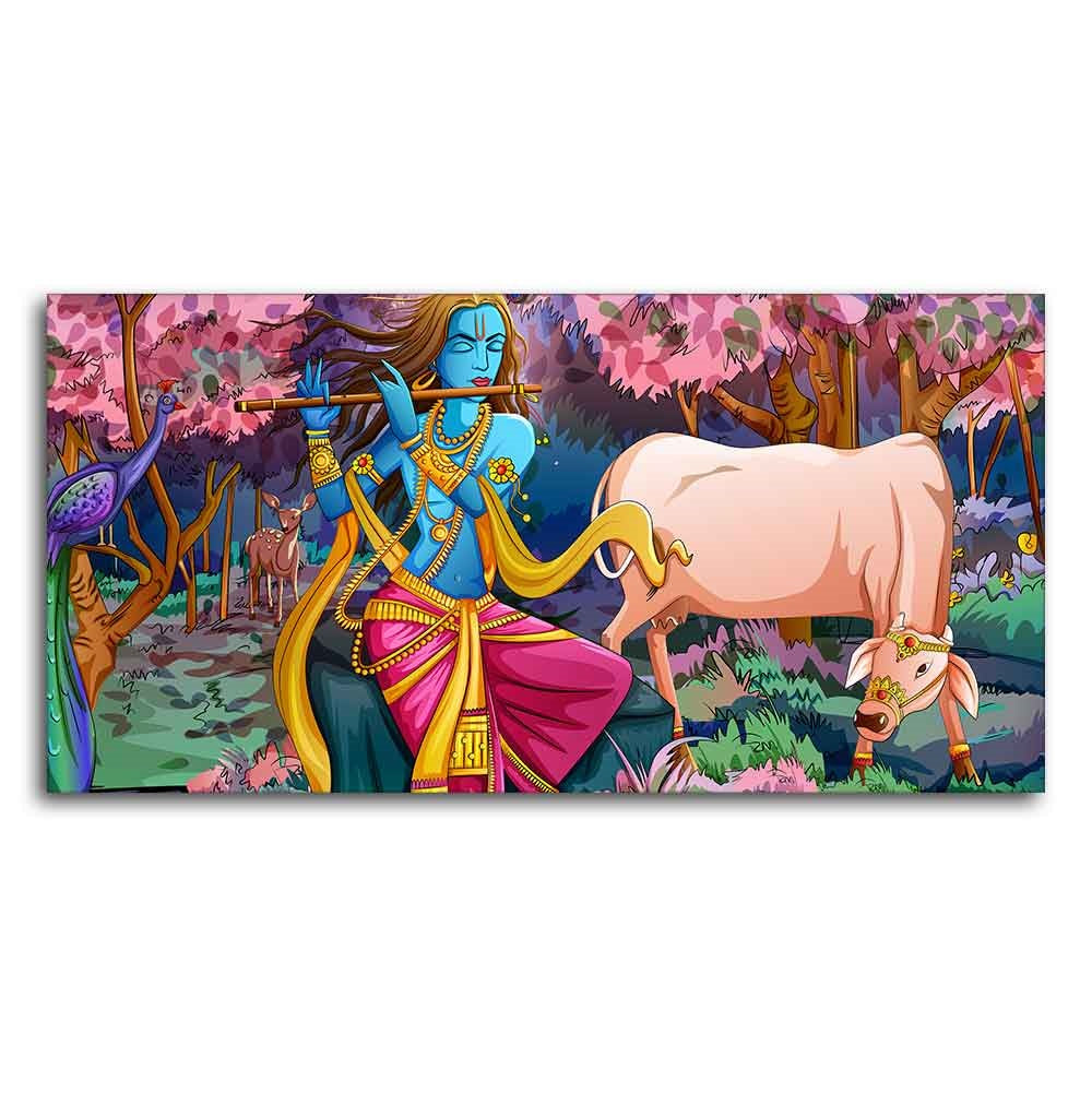 Lord Krishna Playing Flute Pink Trees in Background Canvas Wall Painting