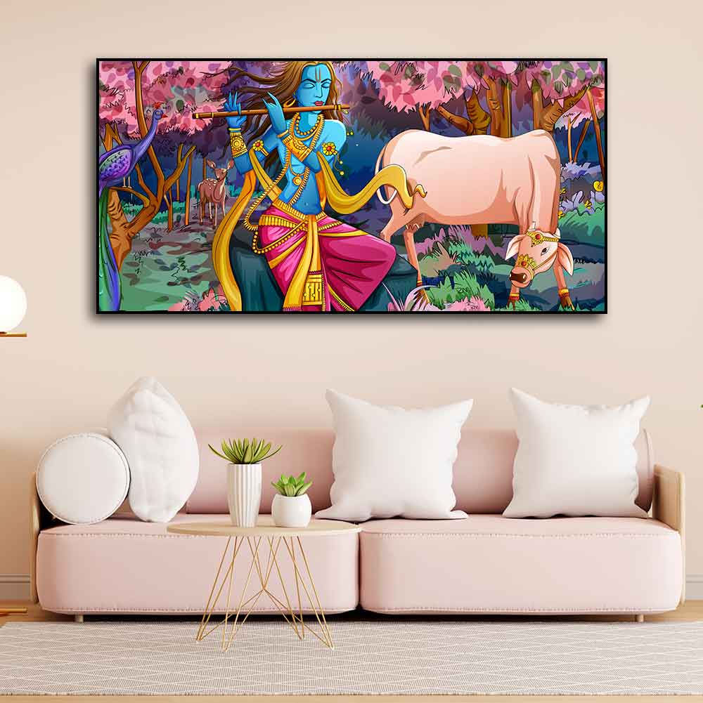 Lord Krishna Playing Flute Pink Trees in Background Canvas Wall Painting