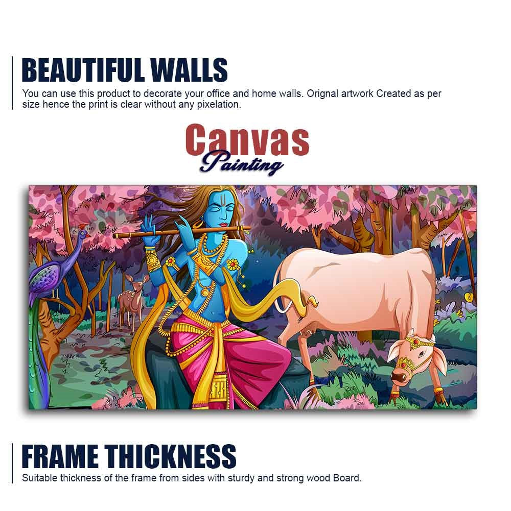 Lord Krishna Playing Flute Pink Trees in Background Canvas Wall Painting