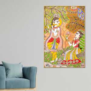 lord-krishna-playing-flute-under-tree-with-shree-radha-folk-art-canvas-wall-painting