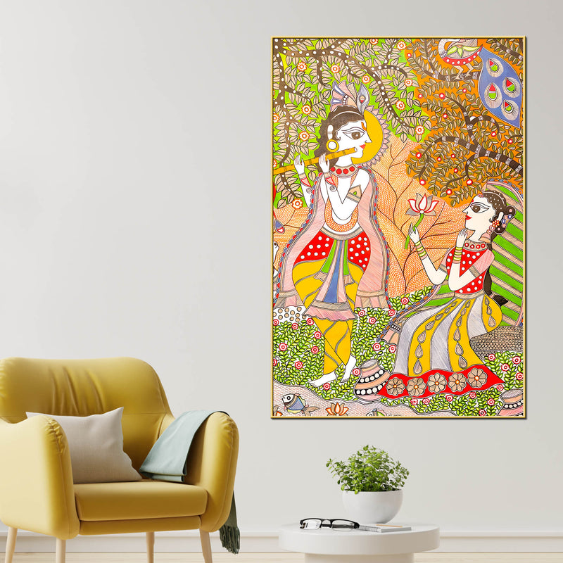 Lord Krishna Playing Flute Under Tree with Shree Radha Folk Art Canvas Wall Painting