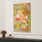 Lord Krishna Playing Flute Under Tree with Shree Radha Folk Art Canvas Wall Painting